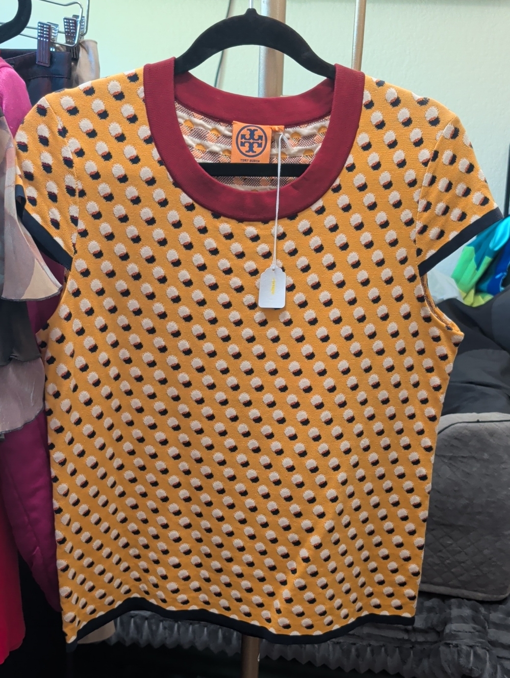 Tory Burch Yellow Dot Knit Short-Sleeve Top with Burgundy Trim